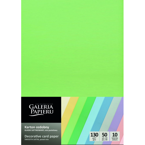 Цветен Картон в Пастелни Цветове, Сатен Микс, 50 Листа, А4, 130 гр/кв.м.