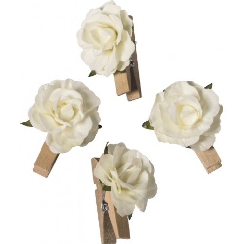 Цветчета с Дървена Щипка, Роза 25 мм, 6 бр. Бели